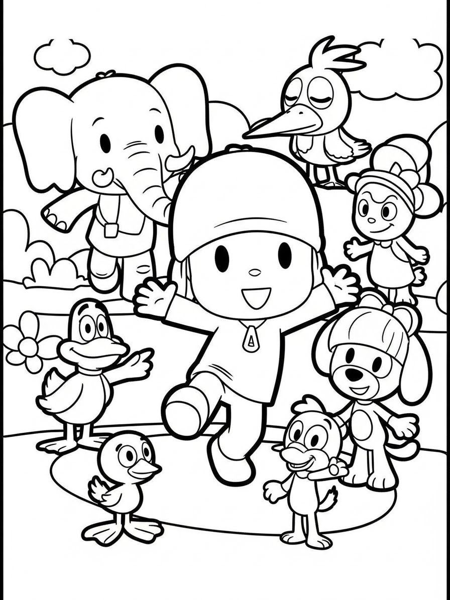 Desenho do Pocoyo com seus amigos para colorir