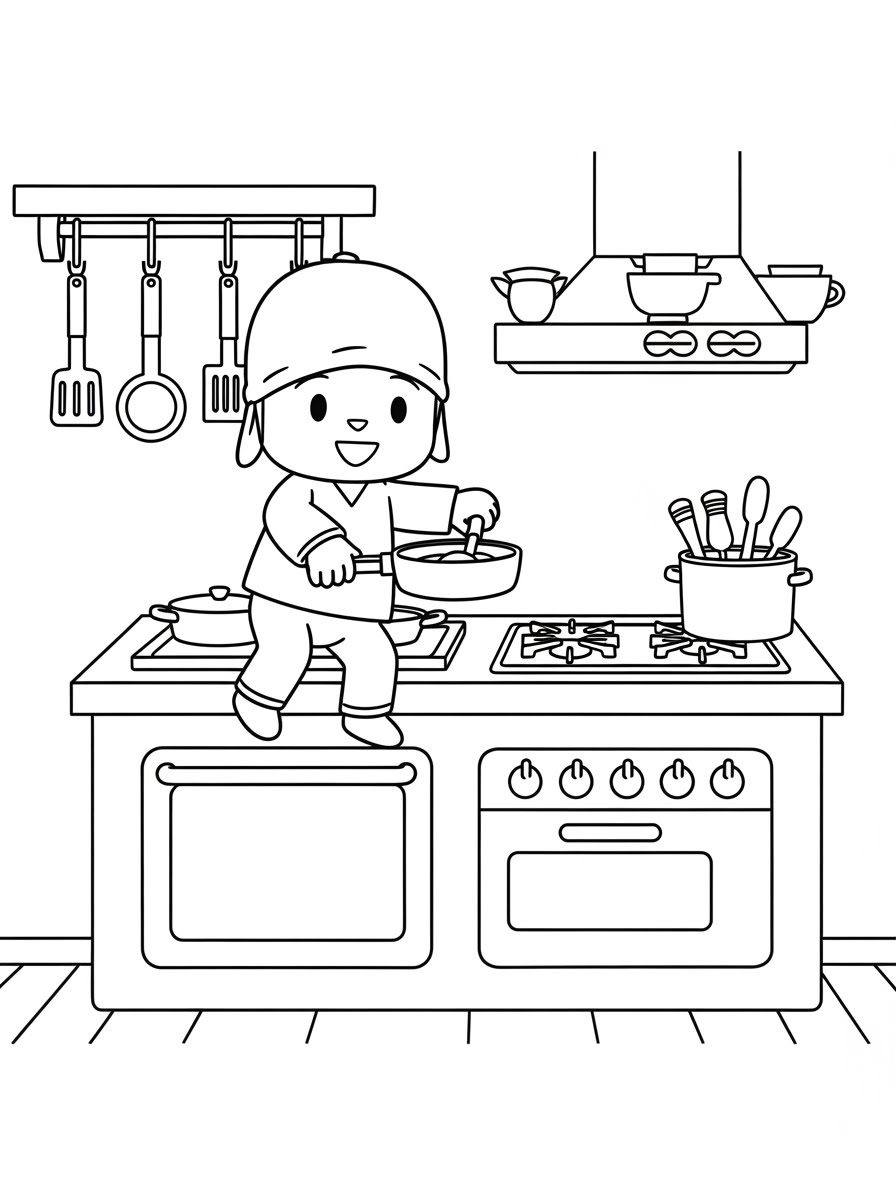 Desenho do Pocoyo cozinhando na cozinha para colorir