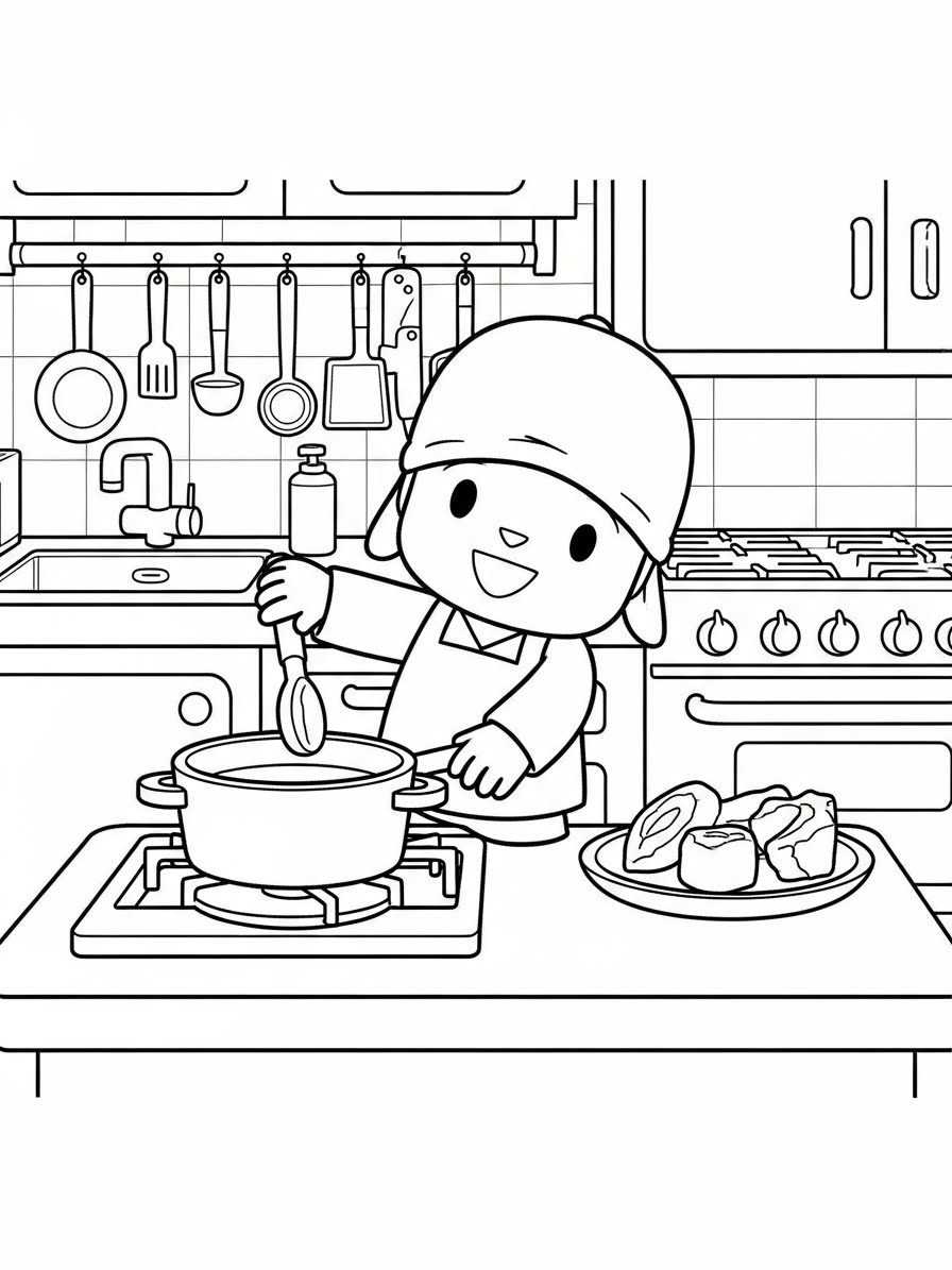 Desenho do Pocoyo cozinhando na cozinha para colorir