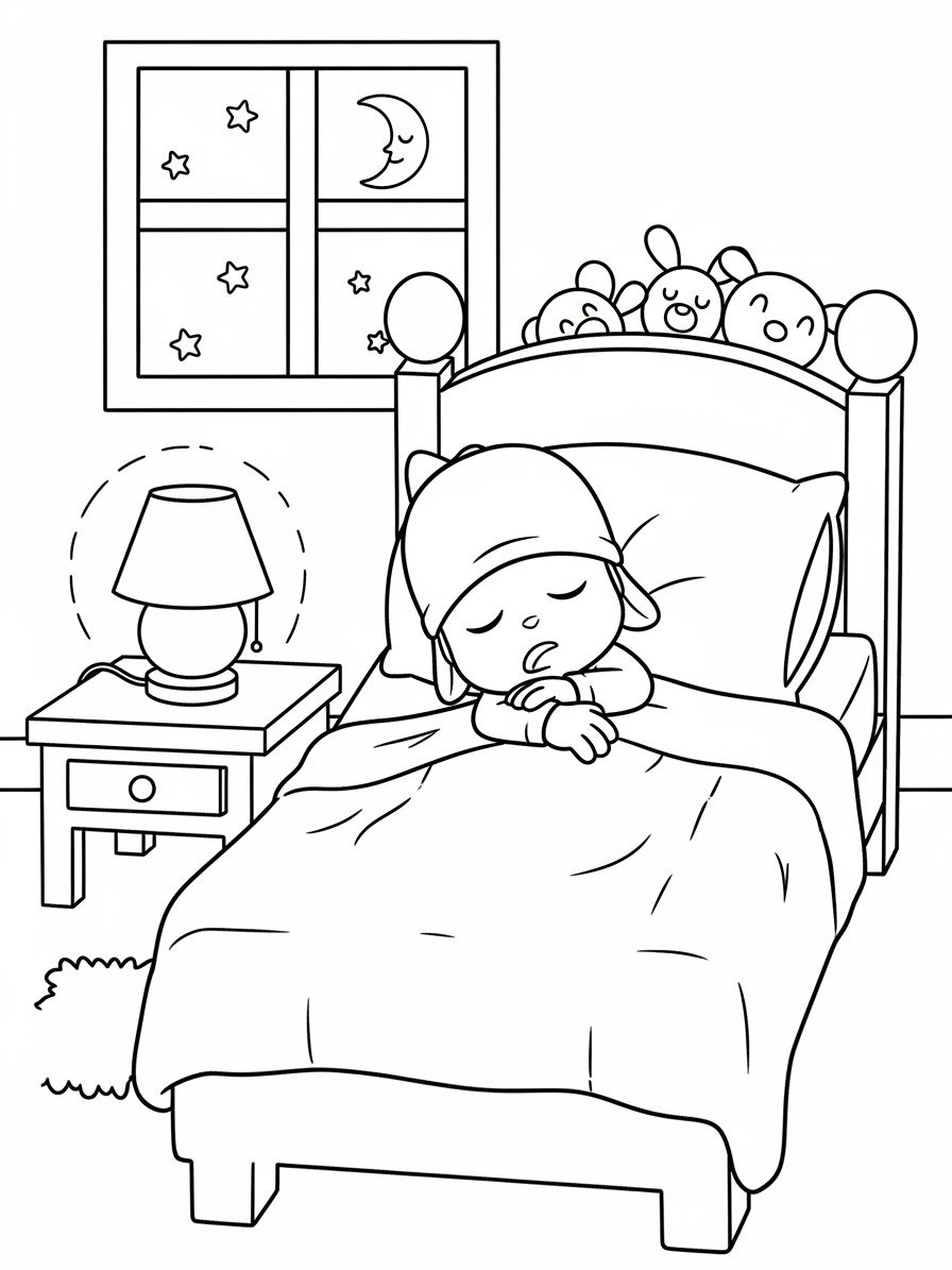 Desenho do Pocoyo dormindo em sua cama para colorir