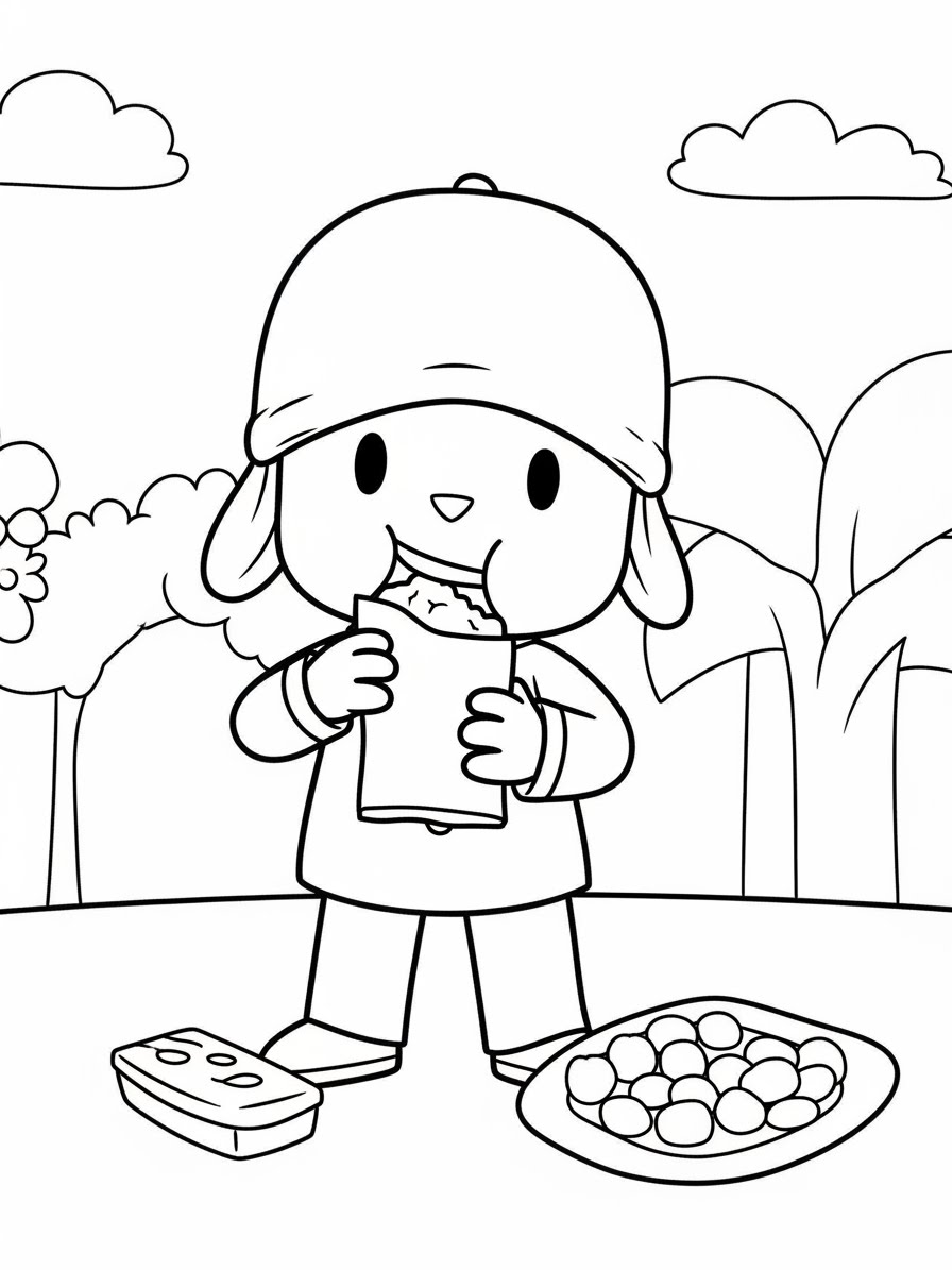 Desenho do Pocoyo comendo um lanche para colorir