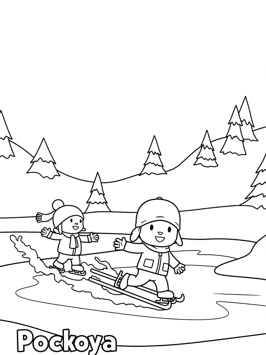Desenho do Pocoyo esquiando com amigos para colorir