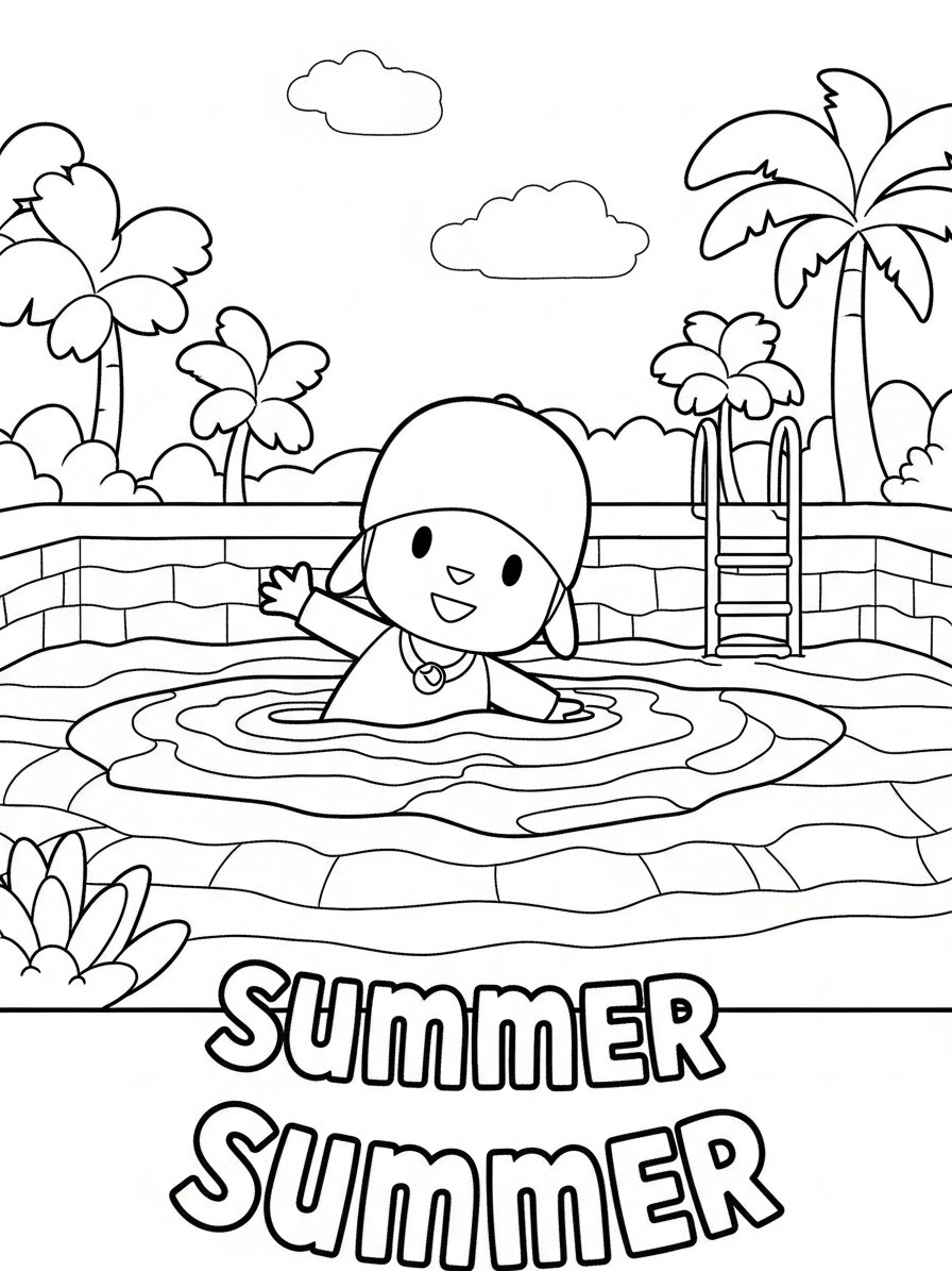 Desenho do Pocoyo nadando na piscina para colorir
