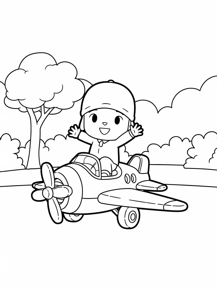 Desenho do Pocoyo pilotando um avião para colorir