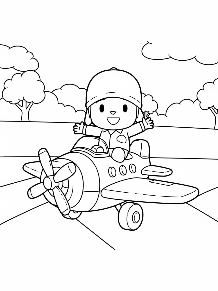 Desenho do Pocoyo pilotando um avião para colorir