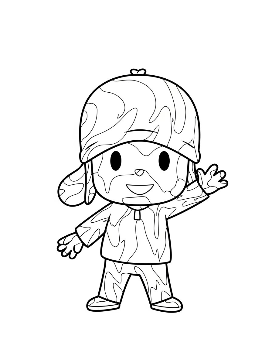 Desenho do Pocoyo com chapéu e roupa colorida para colorir