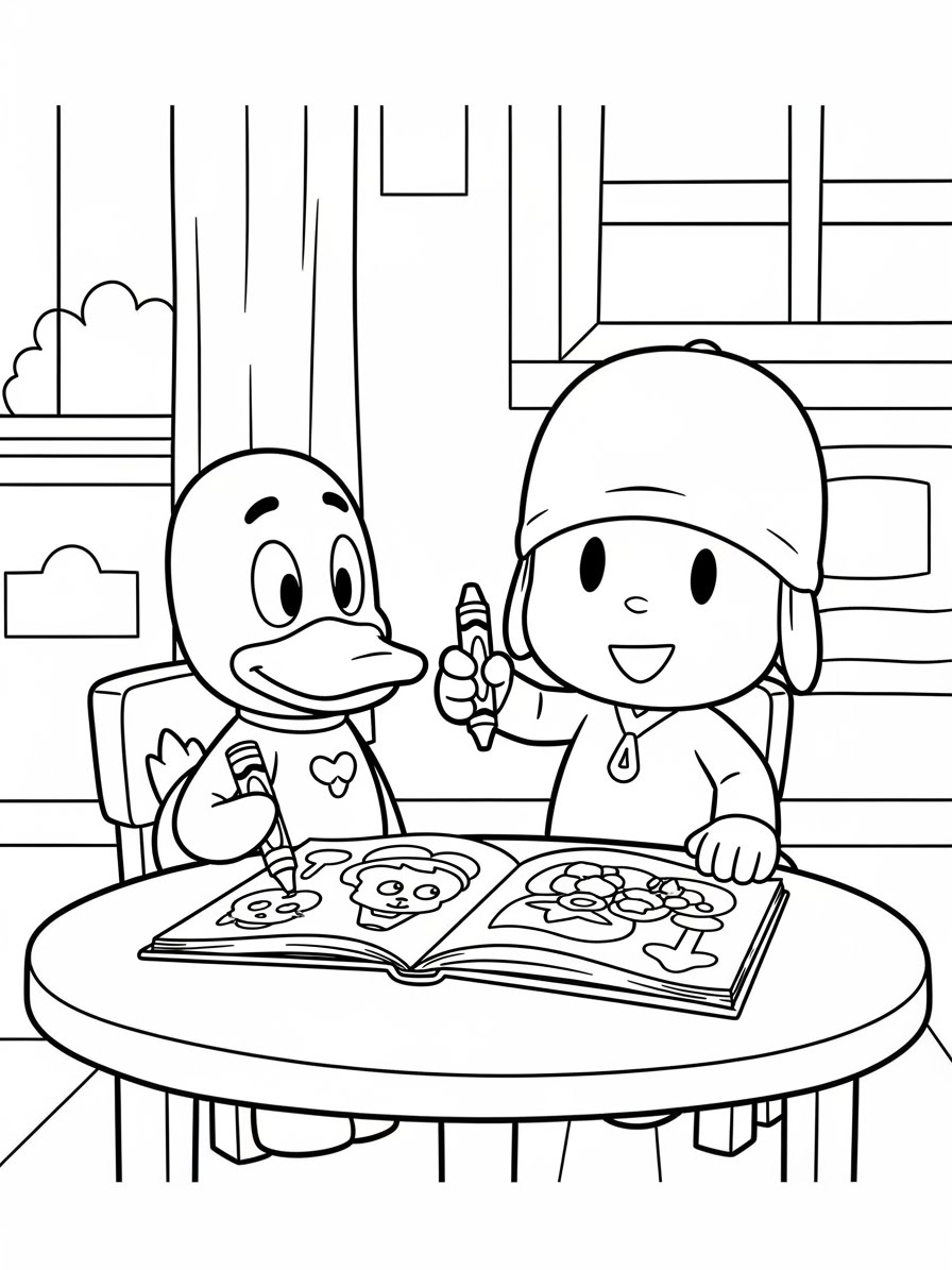 Desenho do Pocoyo e Pato colorindo em mesa com livros