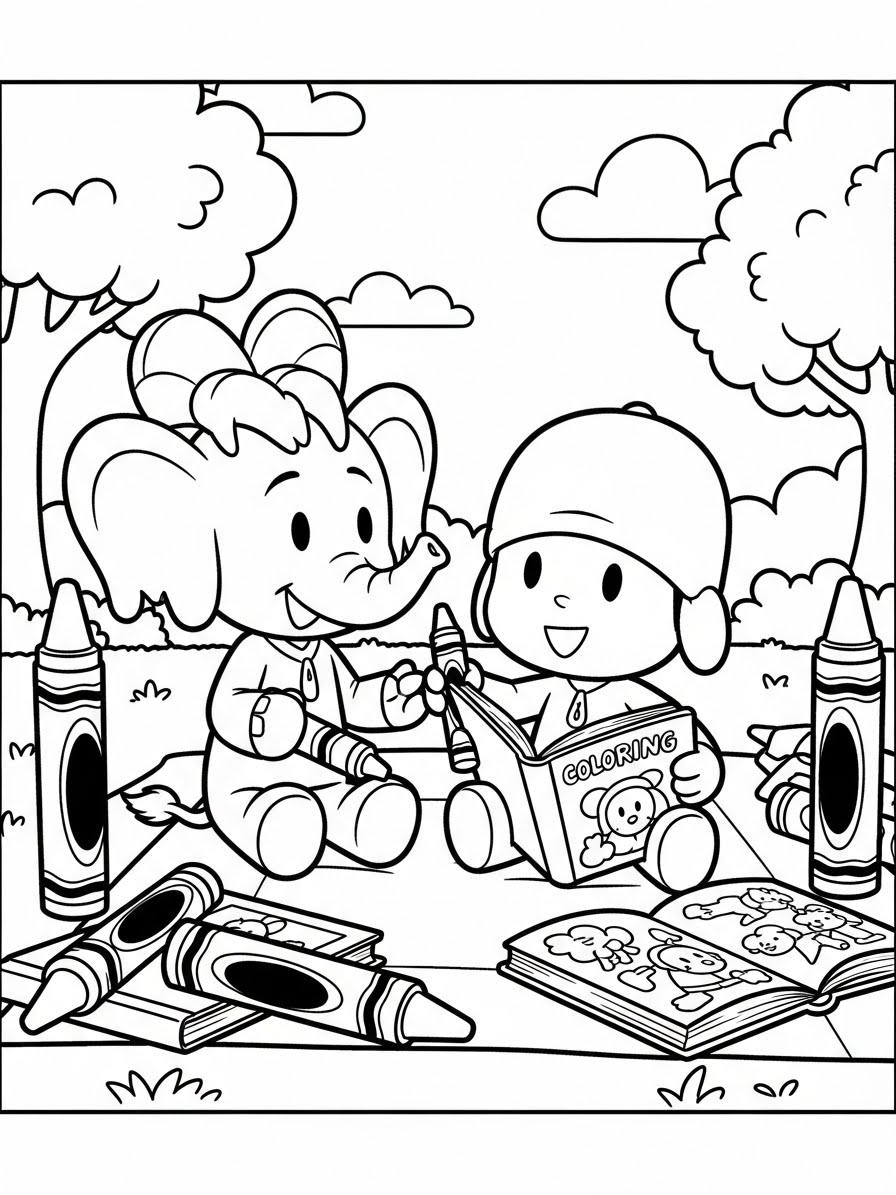 Desenho do Pocoyo e um elefante lendo livros para colorir