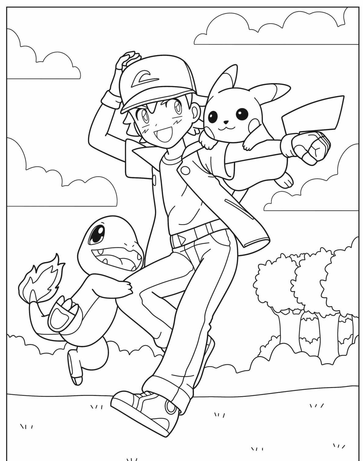 Desenho de Ash Pikachu e Charmander para colorir divertido