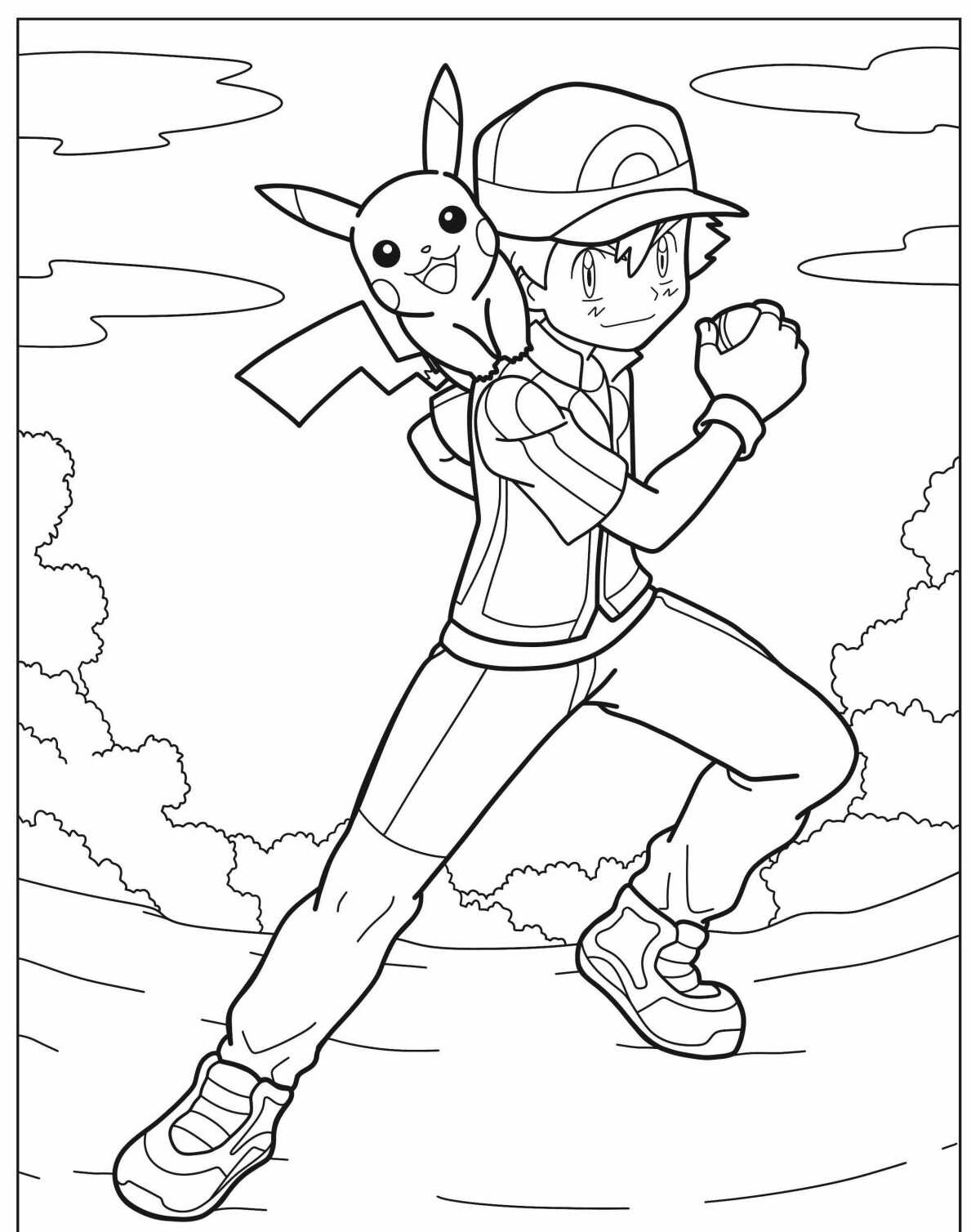 Desenho de Pokémon com Ash e Pikachu prontos para batalhar