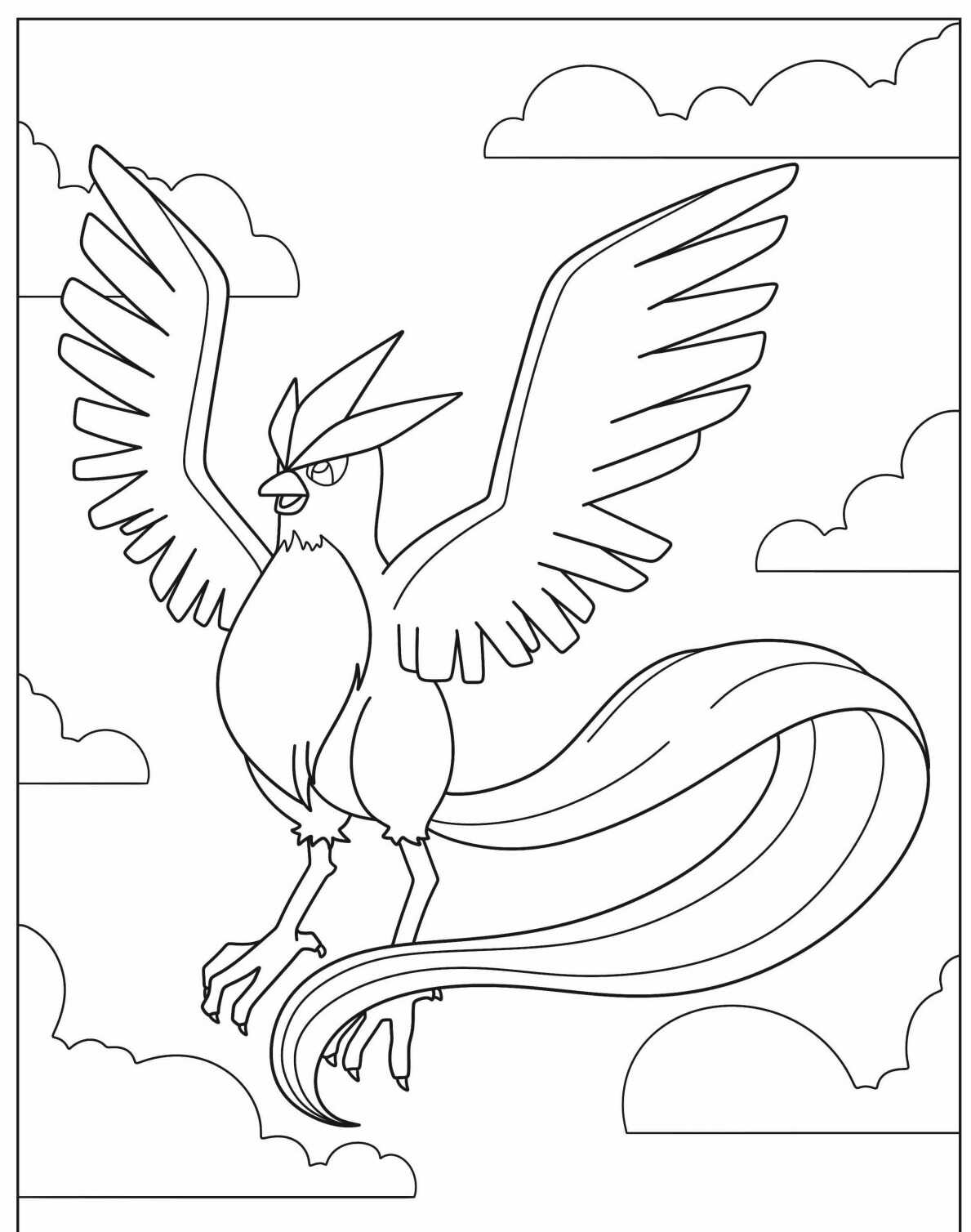 Desenho de Pokémon Articuno voando entre as nuvens para colorir