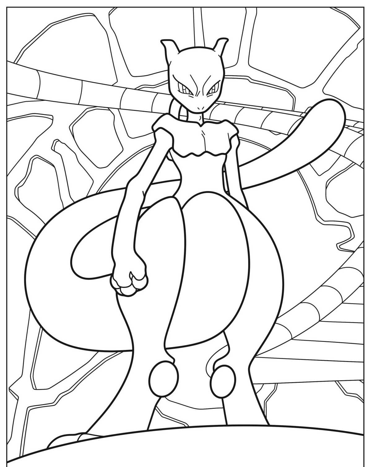 Desenho de Pokémon Mewtwo em pose poderosa para colorir