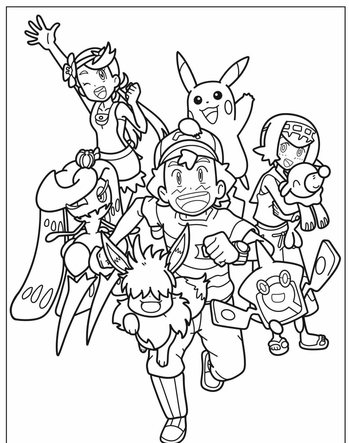 Desenho de Pokémon com Pikachu Eevee Ash para colorir