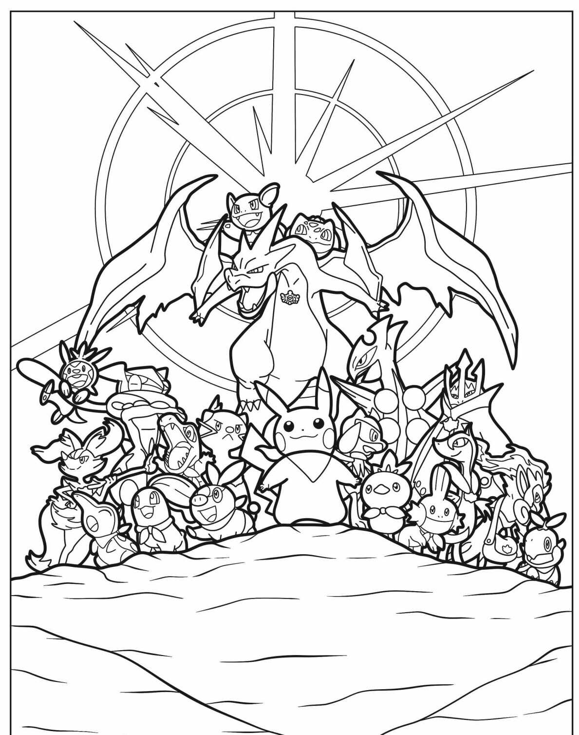 Desenho de Pokémon com Pikachu e Charizard para colorir