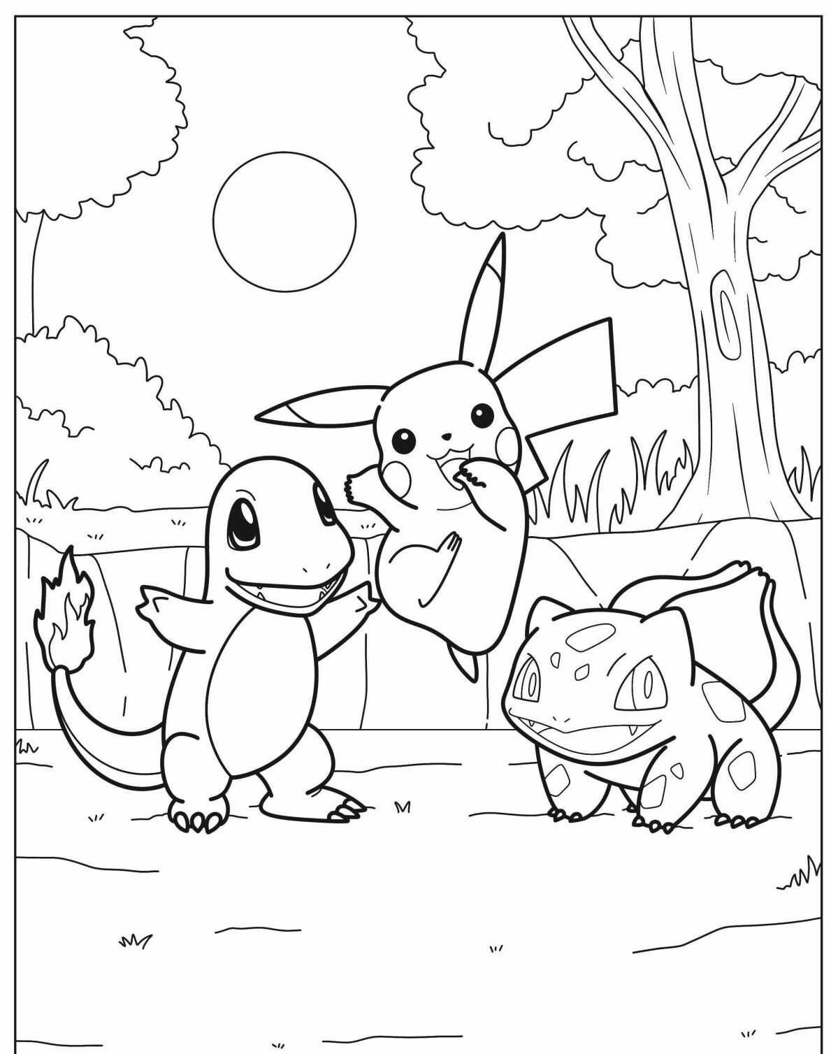 Desenho de Pikachu Charmander e Bulbasaur para colorir
