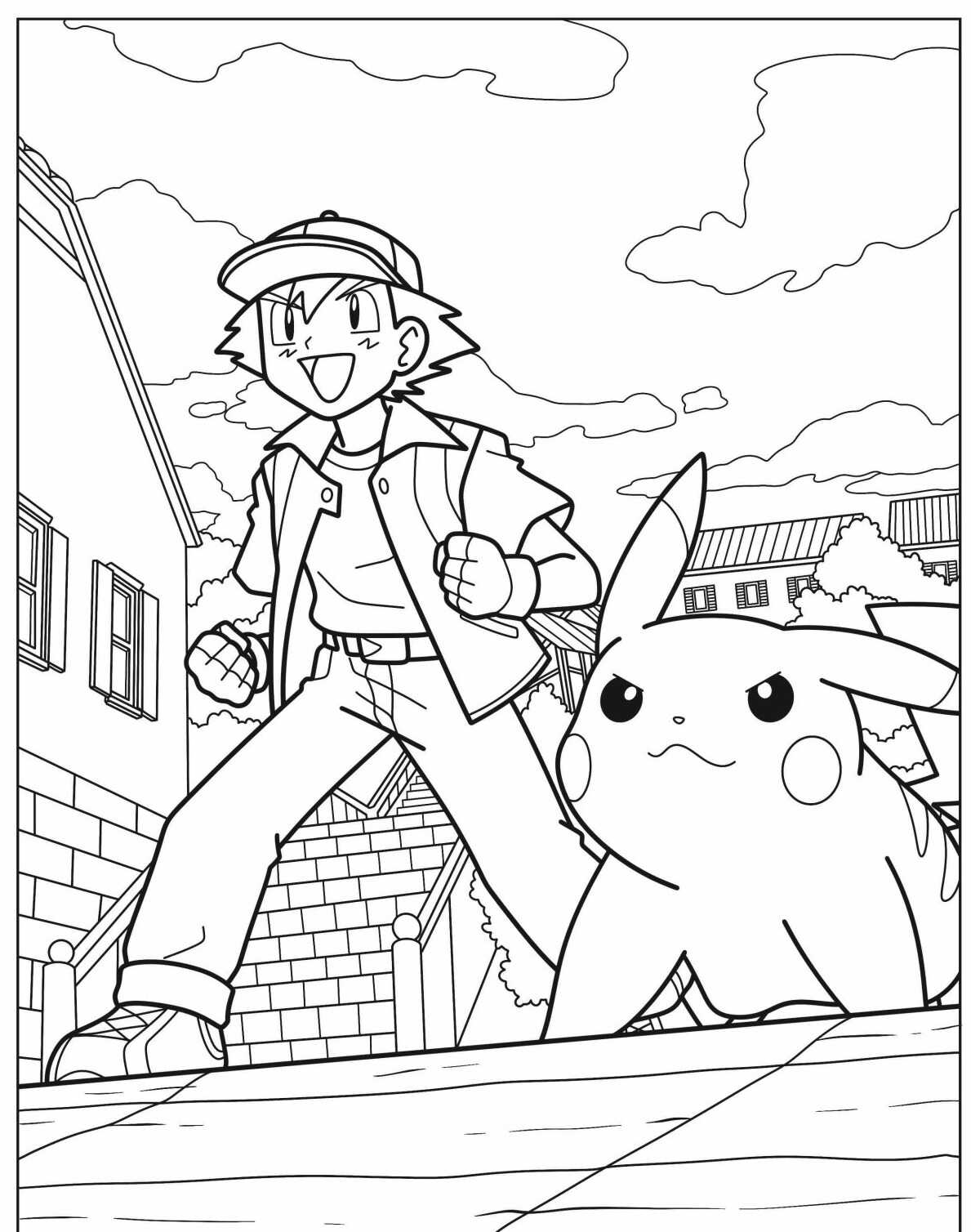 Desenho de Pokémon com Ash e Pikachu para colorir