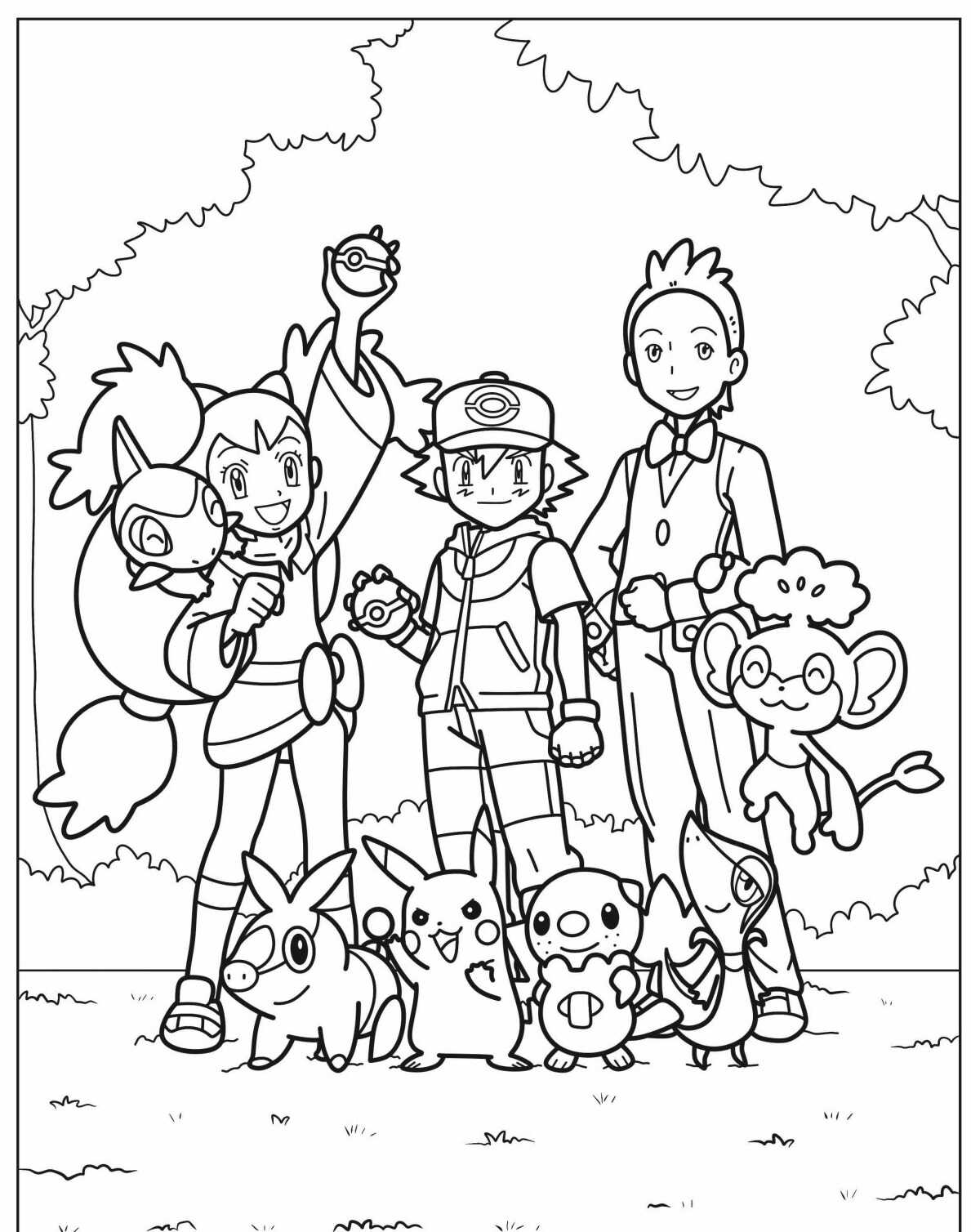 Desenho de Pokémon com personagens e pokémons para colorir