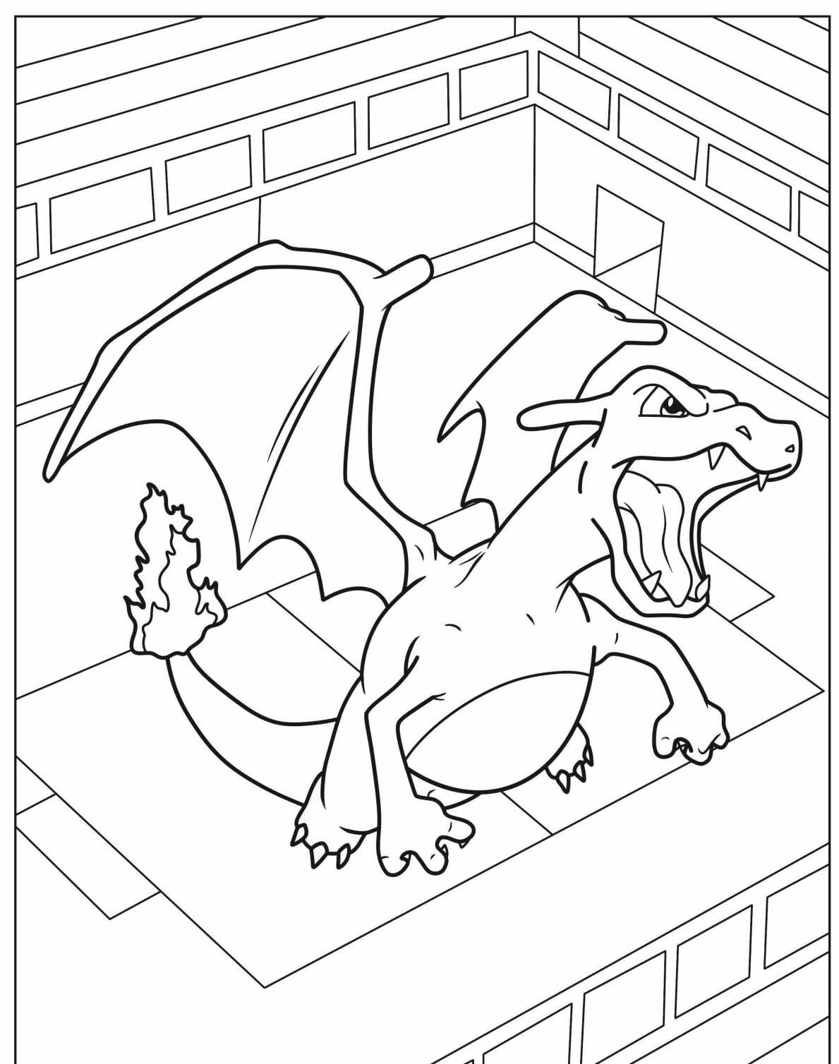 Desenho de Charizard rugindo em um cenário para colorir
