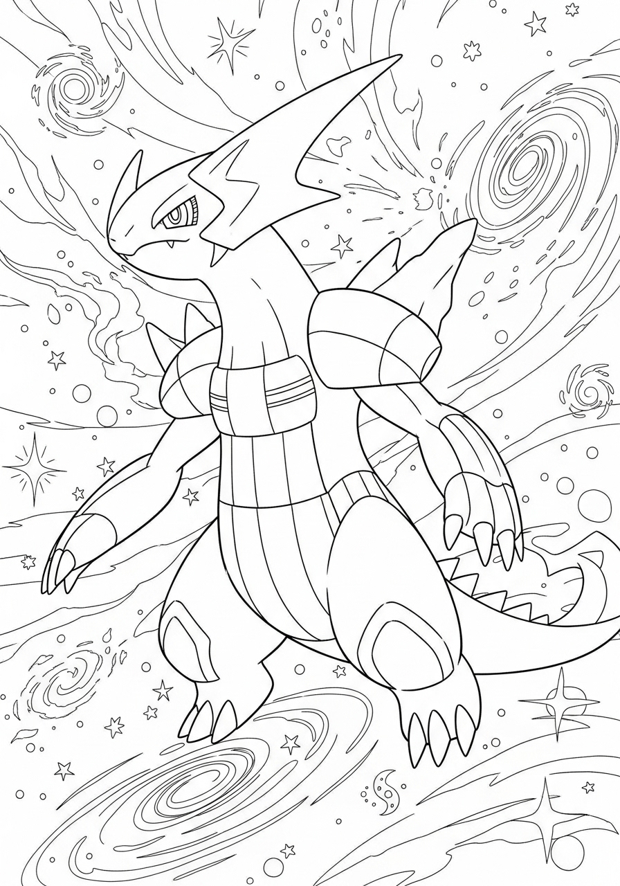 Desenho de Pokémon lendário com fundo cósmico para colorir