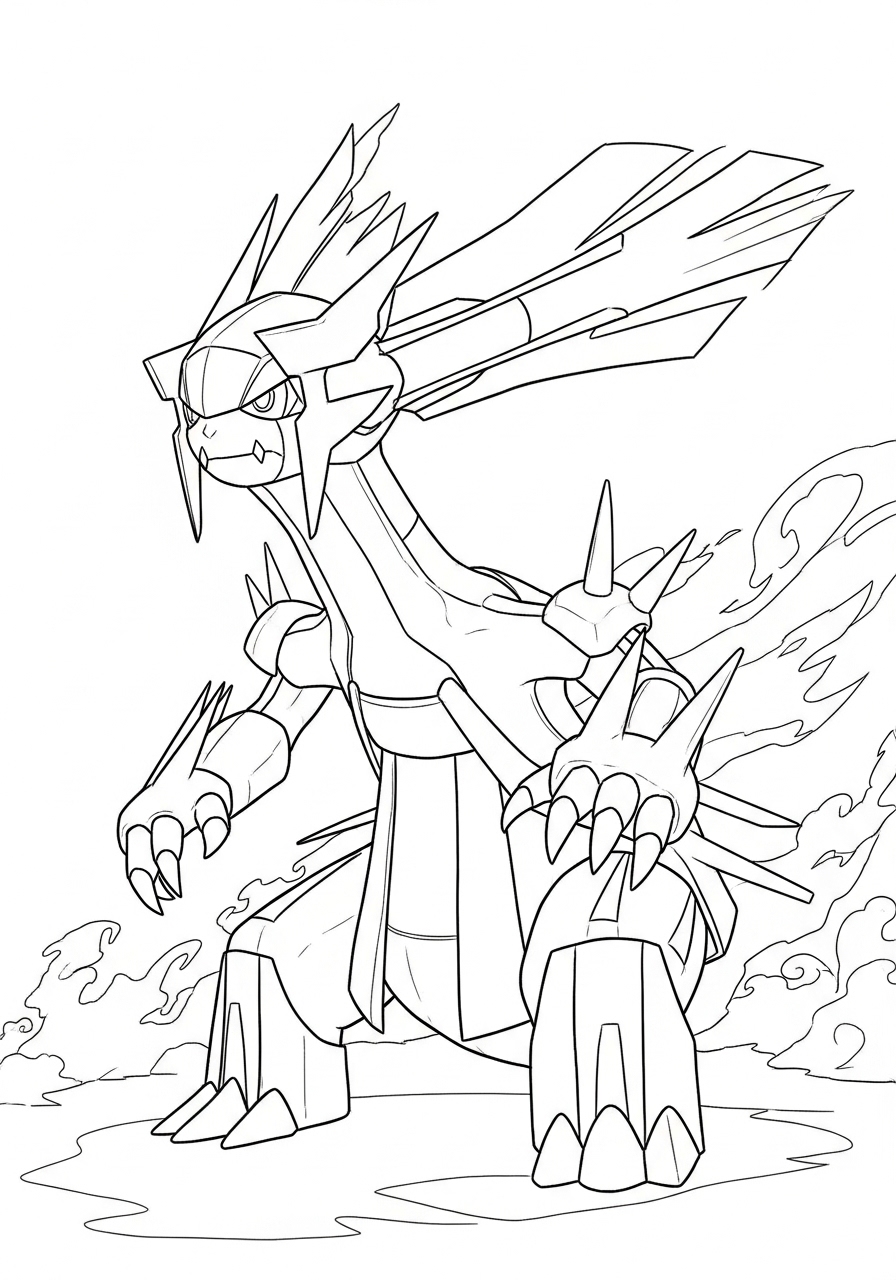 Desenho de Pokémon Dialga com fogo ao fundo para colorir