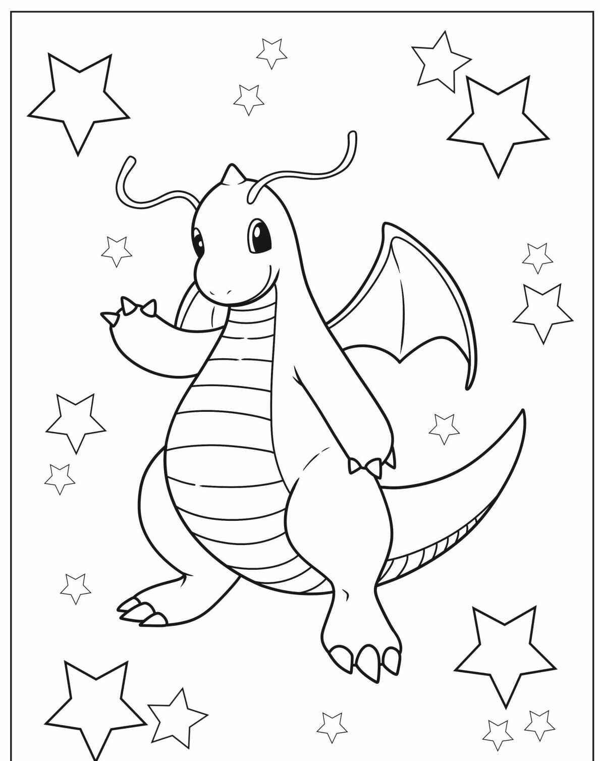 Desenho de Pokémon com Dragonite cercado de estrelas colorir