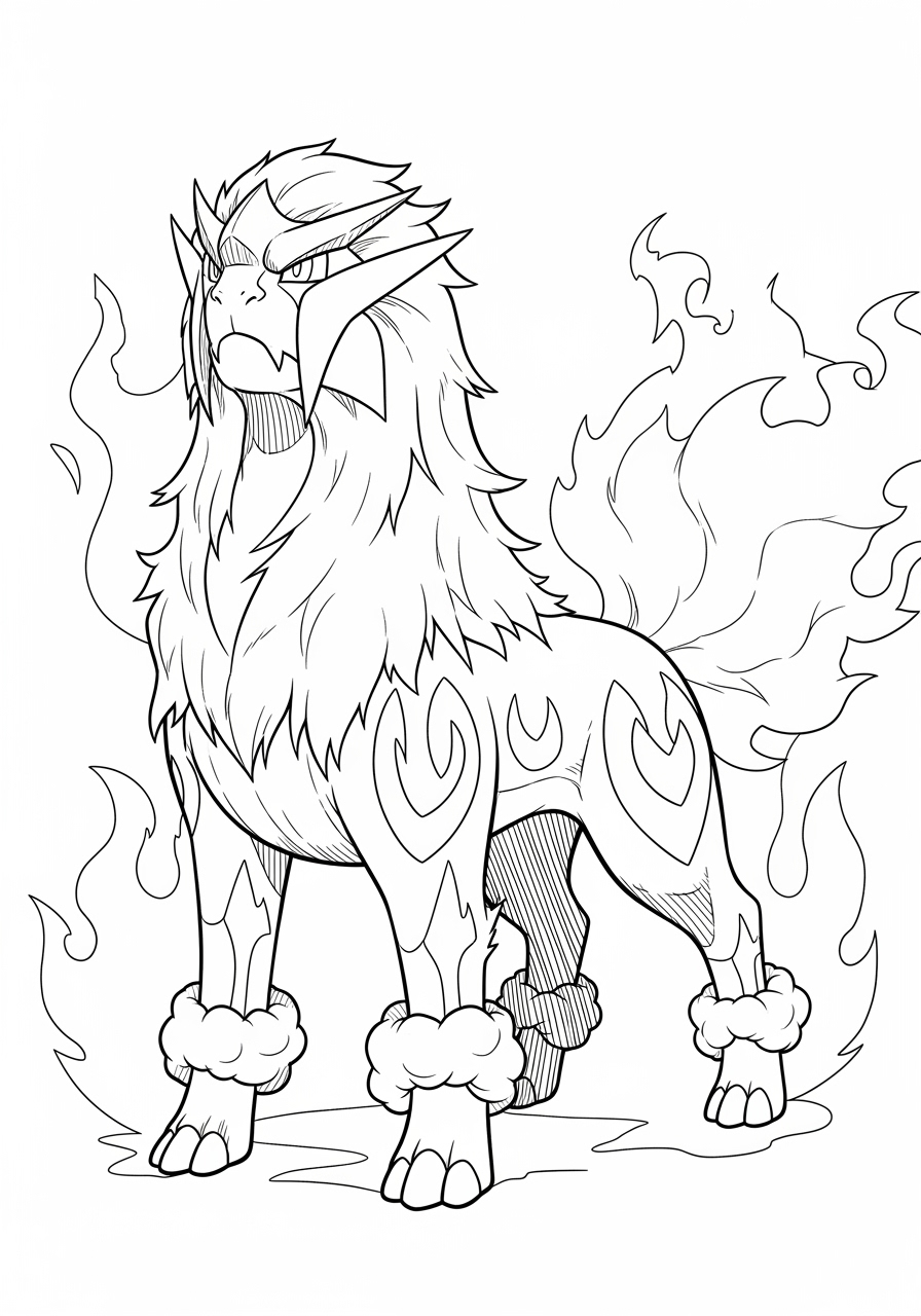 Desenho de Pokémon lendário majestoso com chamas para colorir