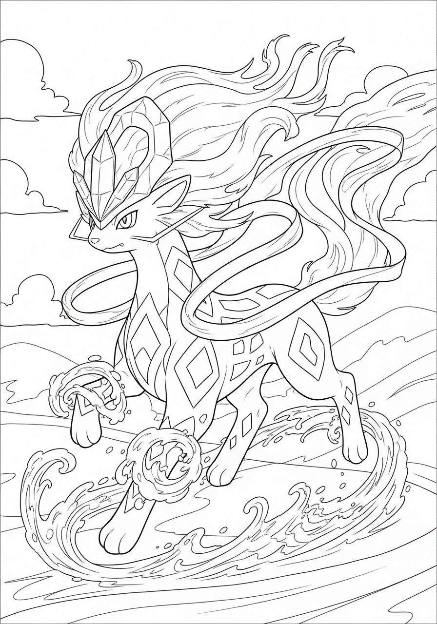 Desenho de Pokémon com Suicune sobre ondas para colorir