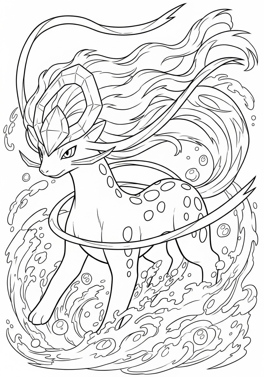 Desenho do Pokémon Suicune entre ondas para colorir