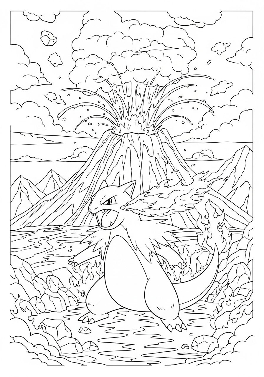 Desenho de Pokémon com Charizard em vulcão para colorir