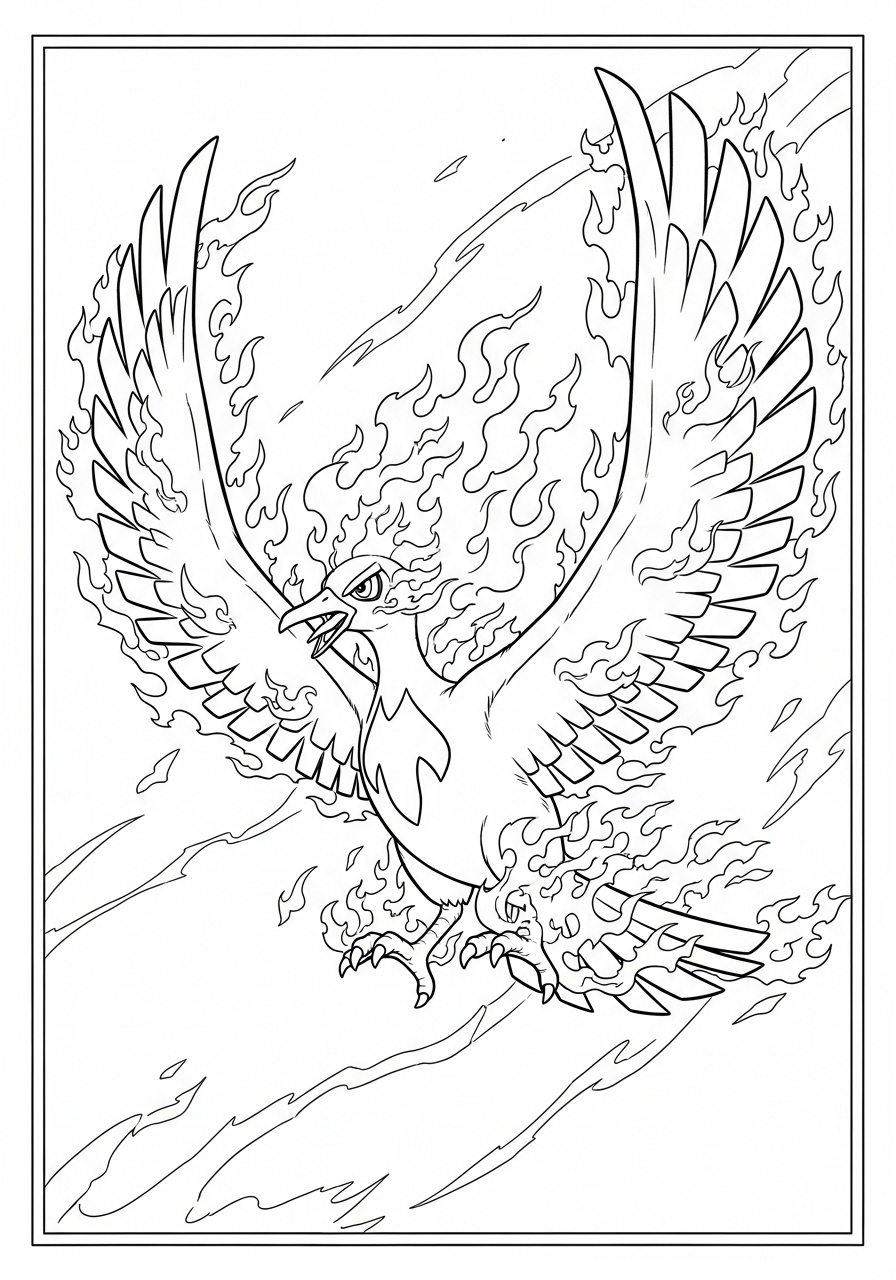 Desenho de Pokémon com Moltres voando majestoso para colorir