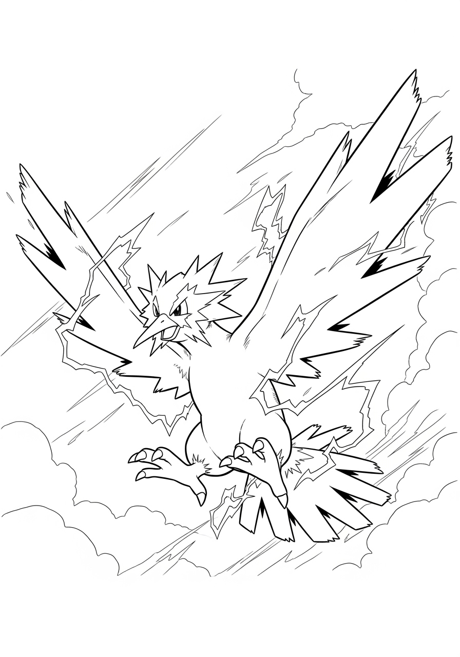 Desenho de Pokémon Zapdos voando em tempestade para colorir