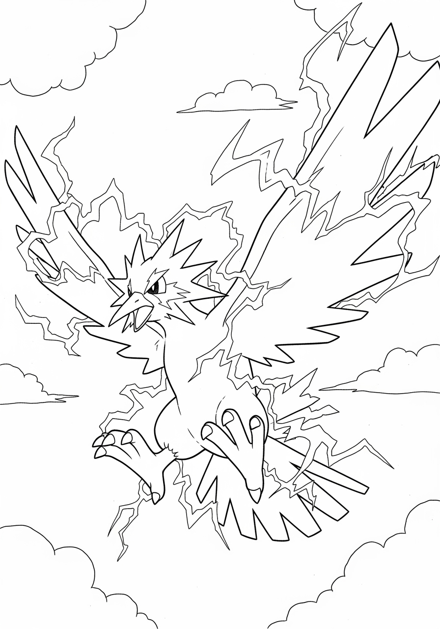 Desenho de Pokémon Zapdos com raios para colorir