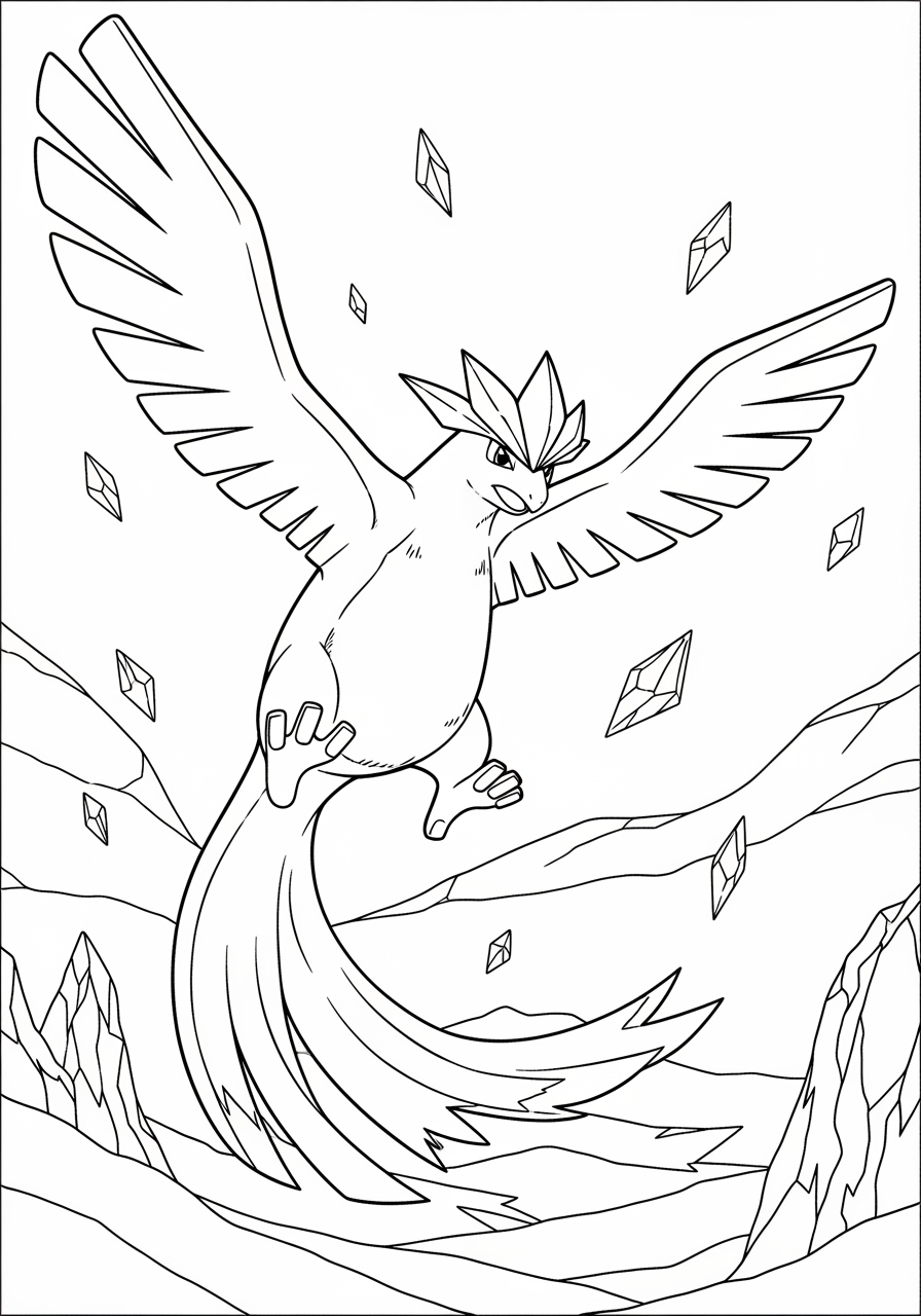 Desenho de Pokémon Articuno voando sobre montanhas para colorir