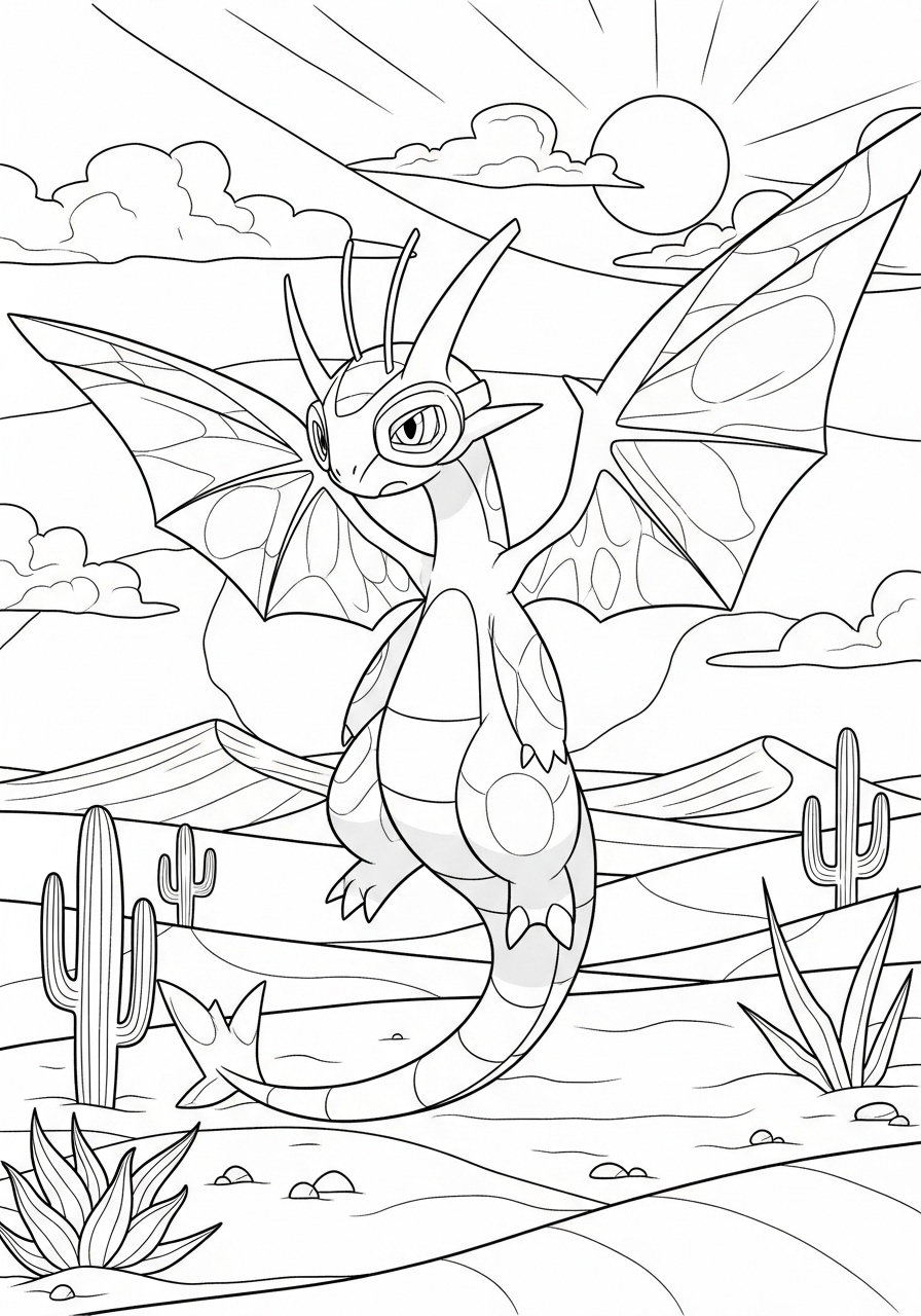 Desenho de Pokémon com Flygon em um deserto para colorir