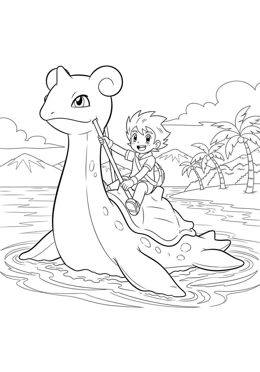 Desenho de Pokémon com Ash montando Lapras para colorir