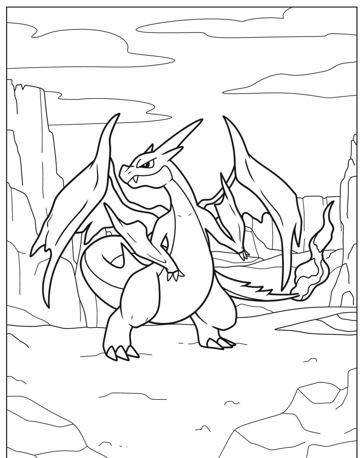 Desenho de Pokémon Charizard em pose imponente para colorir
