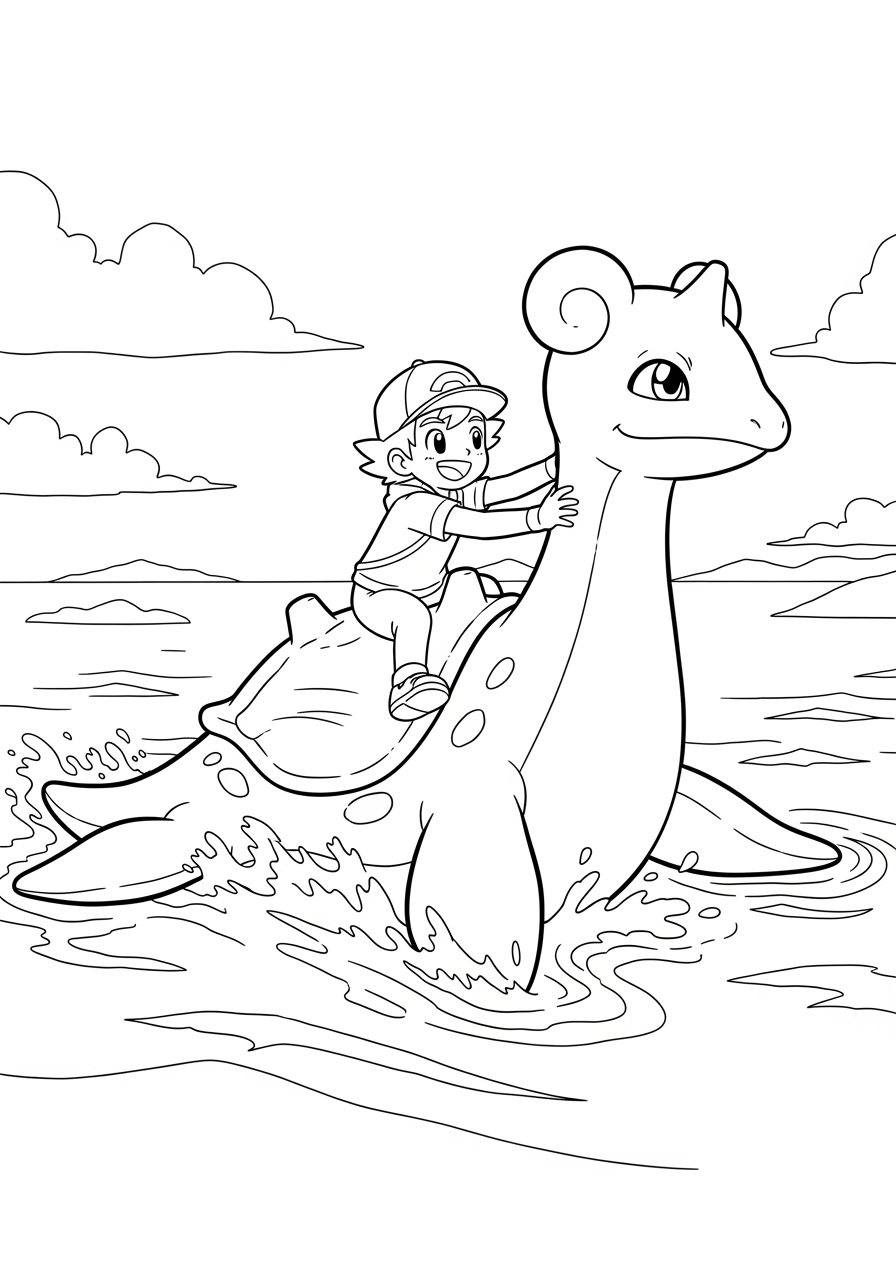 Desenho de Pokémon com Ash montando Lapras para colorir