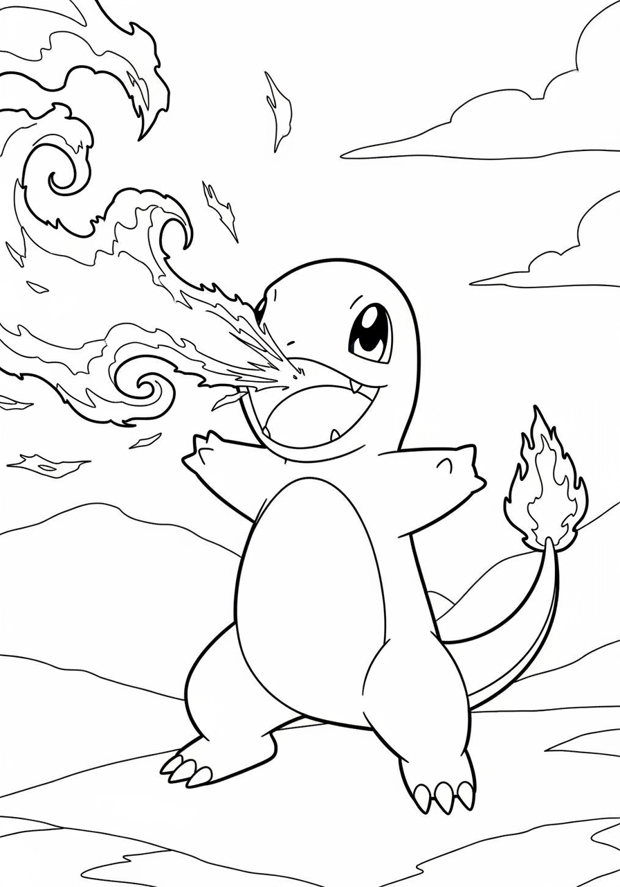 Desenho de Pokémon Charmander soltando fogo para colorir