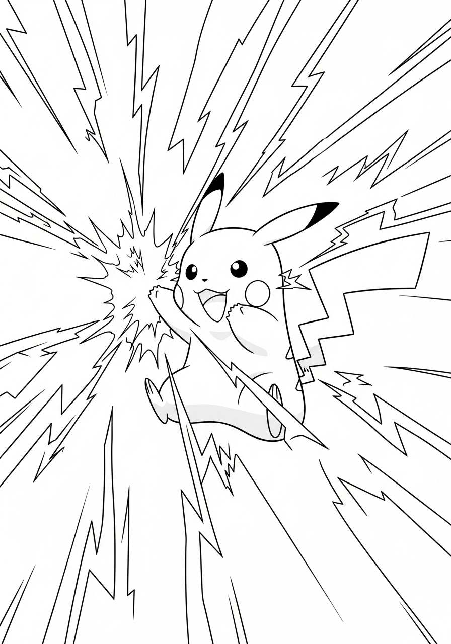 Desenho de Pokémon Pikachu soltando raios para colorir