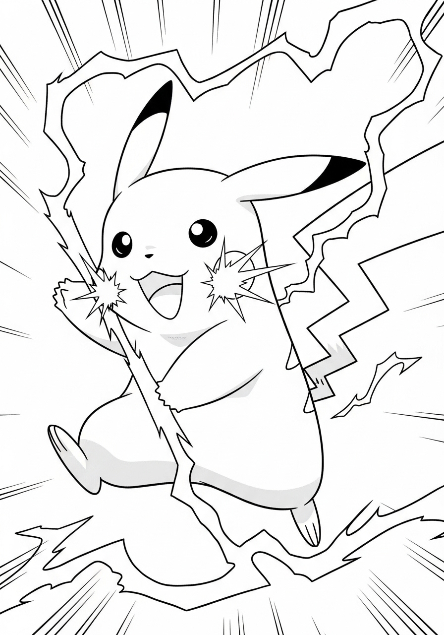 Desenho de Pokémon com Pikachu soltando raios para colorir