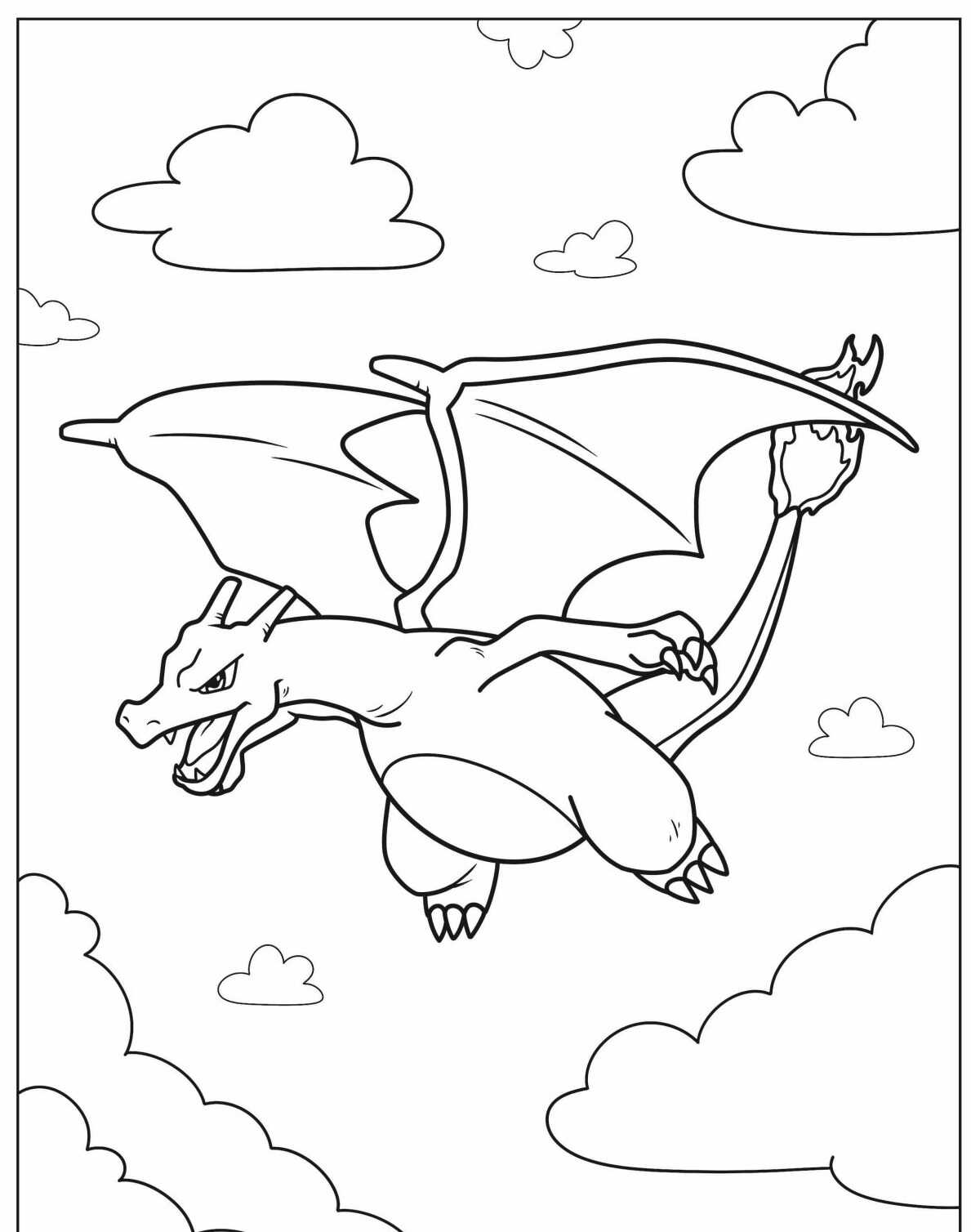 Desenho de Pokémon Charizard voando entre nuvens para colorir