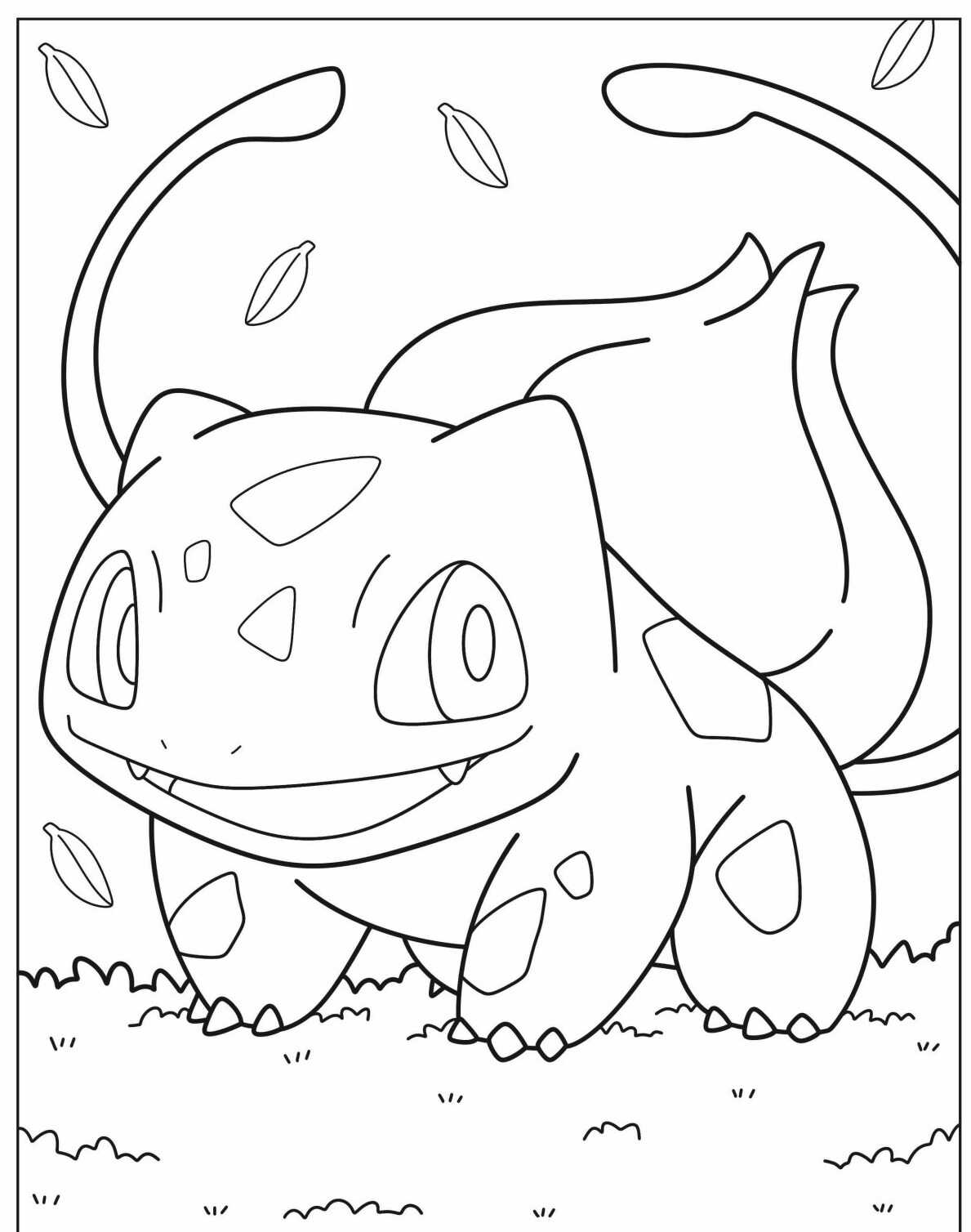 Desenho de Pokémon com Bulbasaur em fundo natural para colorir