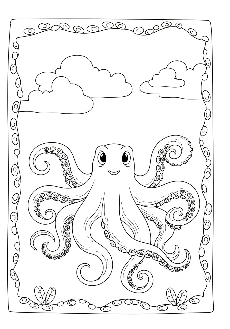 Desenho de Polvo sorridente com detalhes no fundo