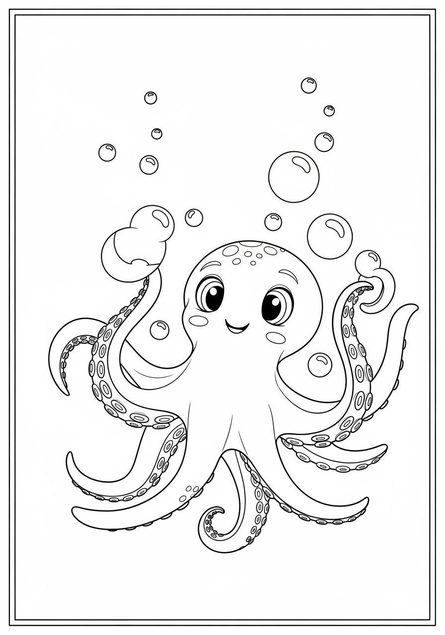 Desenho de Polvo sorridente com bolhas ao redor