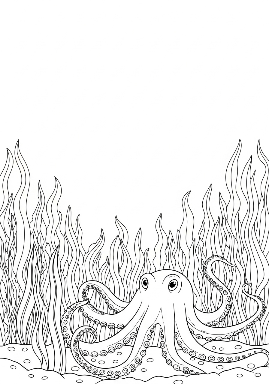 Desenho de Polvo em fundo de algas para colorir