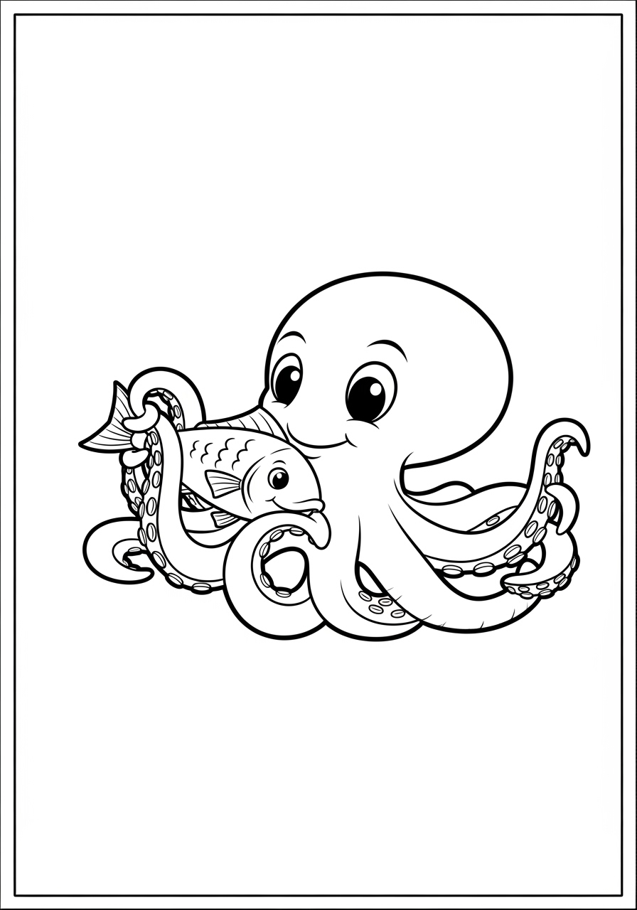 Desenho de Polvo brincando com um peixe para colorir