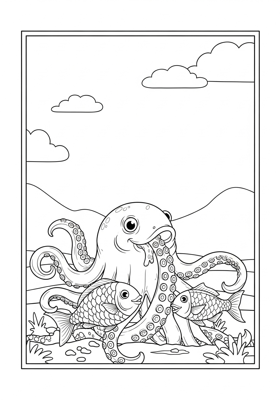 Desenho de Polvo com peixes em fundo marinho para colorir