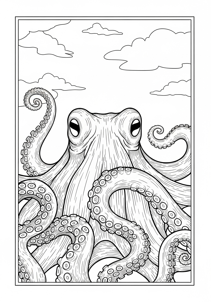 Desenho de Polvo com tentáculos ondulados para colorir