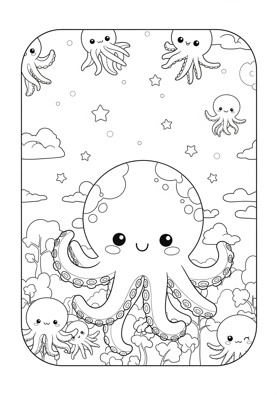 Desenho de Polvo fofinho com fundo de estrelas