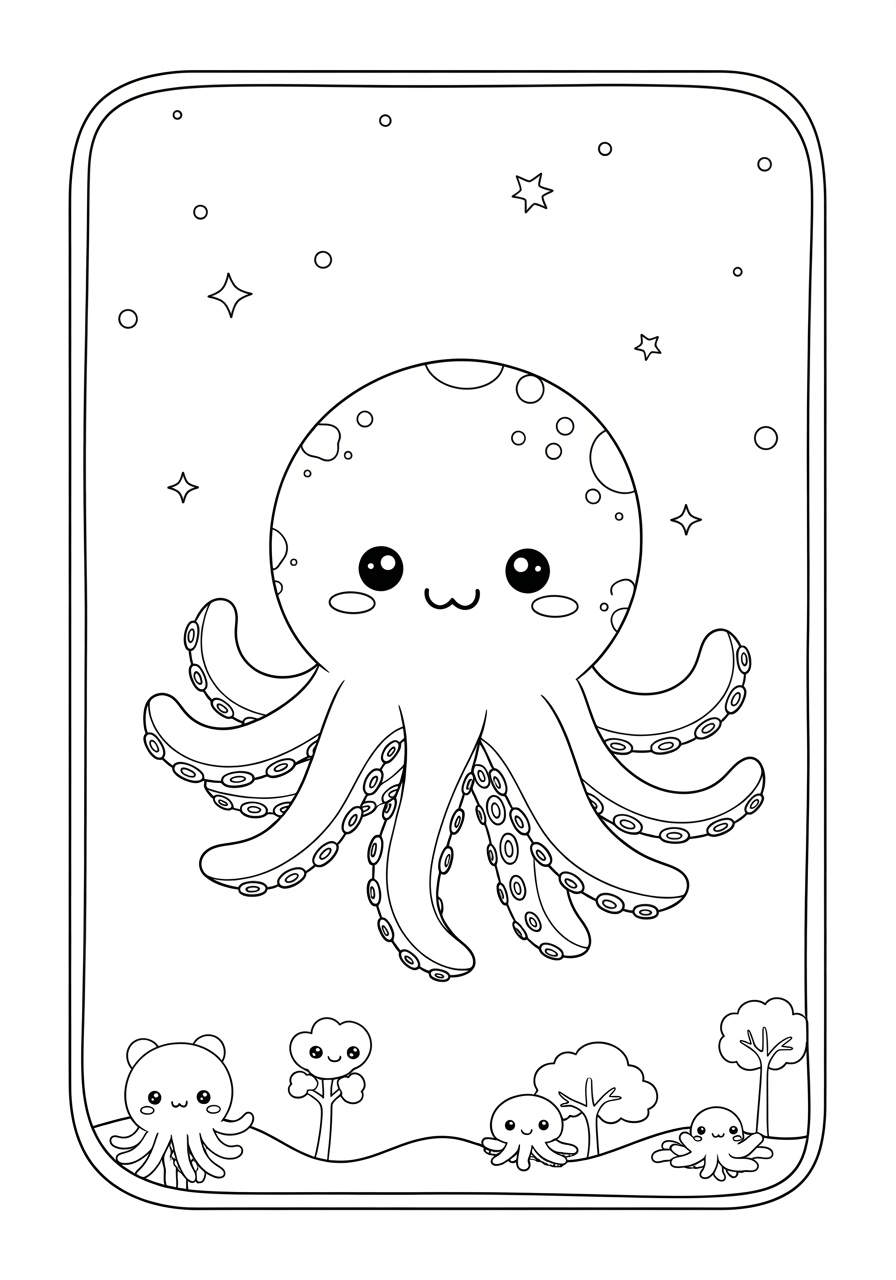 Desenho de Polvo sorridente com estrelas no fundo